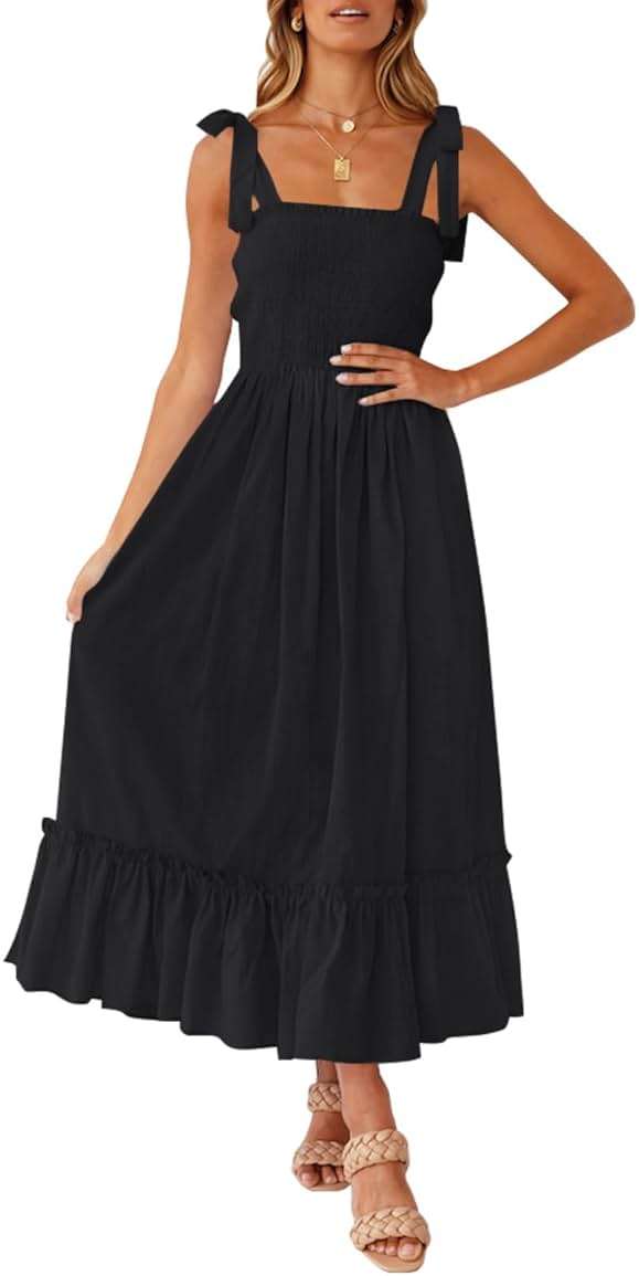 ZESICA Women's 2026 Summer Boho Spaghetti Strap Square Neck Solid Color Ruffle A Line Beach Long Maxi Dress - Image 1