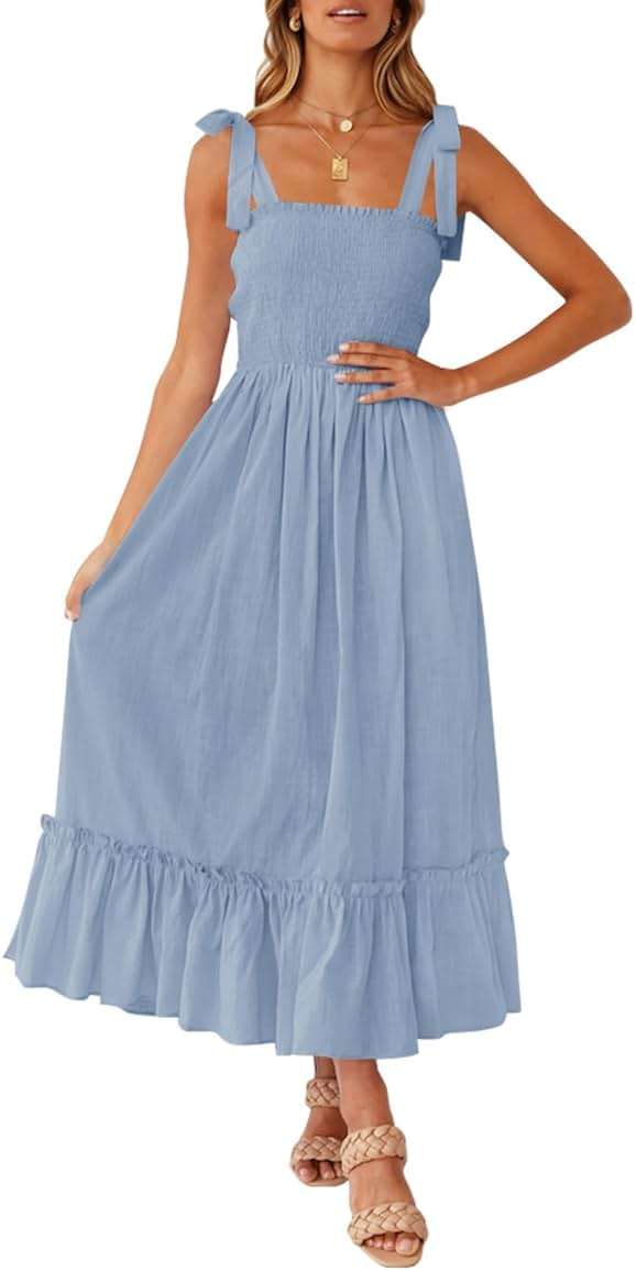 ZESICA Women's 2026 Summer Boho Spaghetti Strap Square Neck Solid Color Ruffle A Line Beach Long Maxi Dress - Image 1