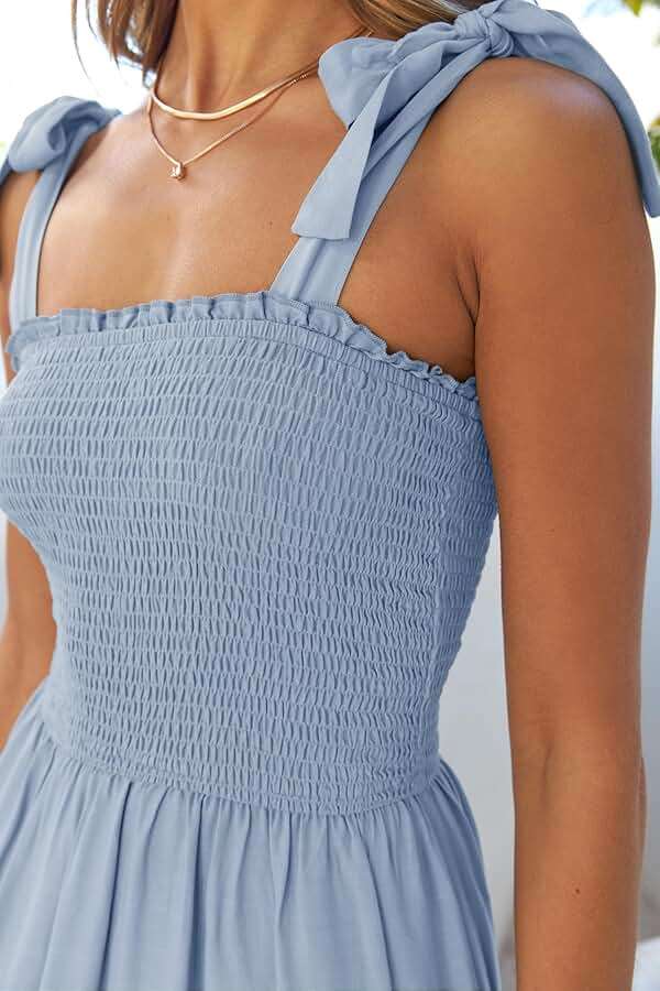 ZESICA Women's 2026 Summer Boho Spaghetti Strap Square Neck Solid Color Ruffle A Line Beach Long Maxi Dress - Image 4