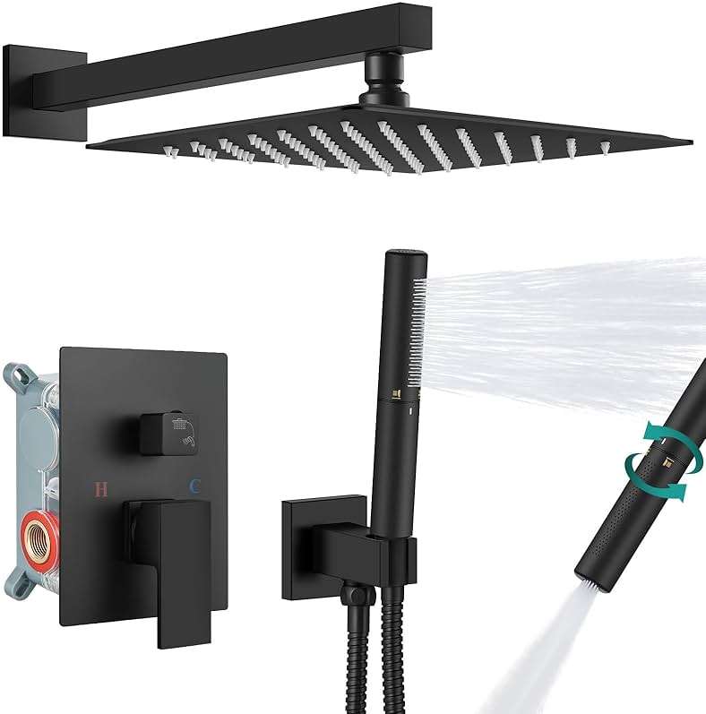 Aolemi Shower Faucet Set, High Pressure Shower System with 2-in-1 Handheld Sprayer, Wall Mount Fixture Combo with Rough-in Valve, 12 Inch Shower Head, Matte Black - Image 1