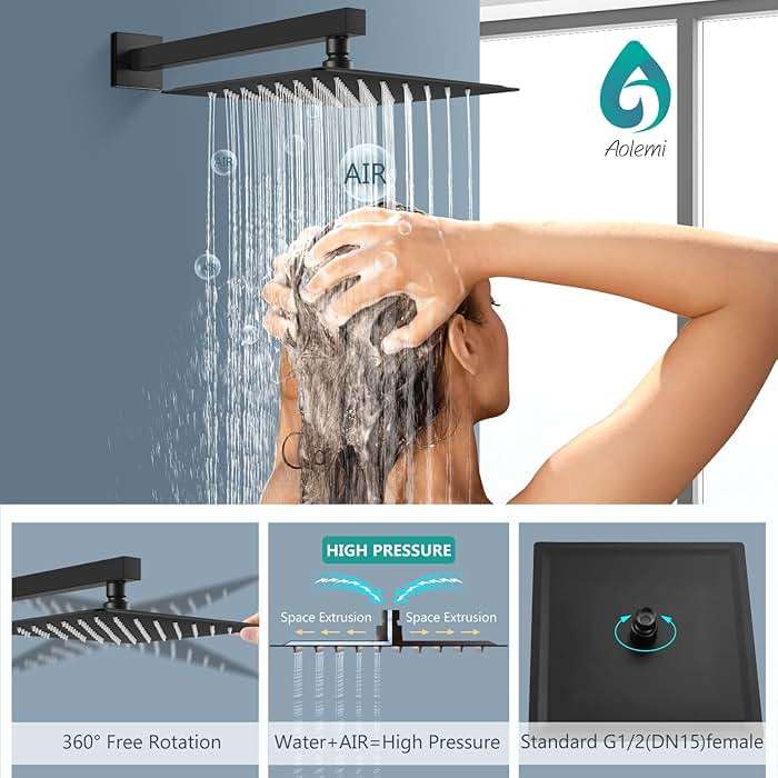 Aolemi Shower Faucet Set, High Pressure Shower System with 2-in-1 Handheld Sprayer, Wall Mount Fixture Combo with Rough-in Valve, 12 Inch Shower Head, Matte Black - Image 9