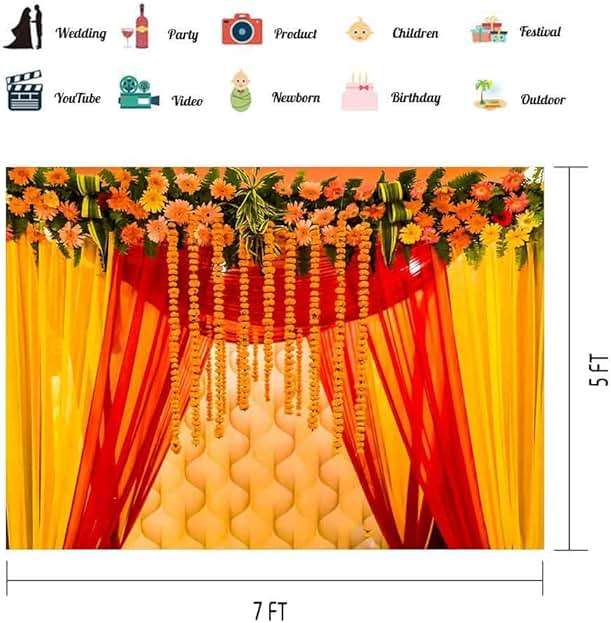 EOA 7(W) x5(H) FT Orange Marigold India Wedding Photography Backdrop Marriage Red Curtain Background Ceremony Wall Decor Photo Booth Studio Props - Image 2