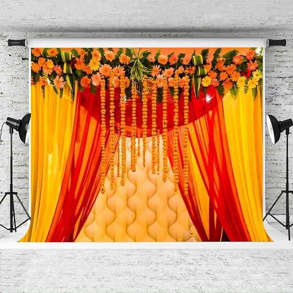 EOA 7(W) x5(H) FT Orange Marigold India Wedding Photography Backdrop Marriage Red Curtain Background Ceremony Wall Decor Photo Booth Studio Props - Image 3