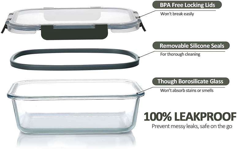 M MCIRCO 10-Pack Glass Food Storage Container with Lids, Airtight Lunch Bento Boxes, Glass Meal Prep Container,Microwave, Oven, Freezer and Dishwasher Friendly - Image 4