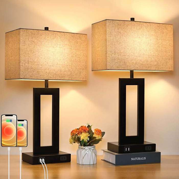 Set of 2 Touch Control Table Lamp with 2 USB Ports, 3-Way Dimmable Modern Nightstand Lamp Sets Bedside Touch Desk Lamp with Fabric Cream Shade For Bedroom Table Living Room Reading, Included Bulbs - Image 1