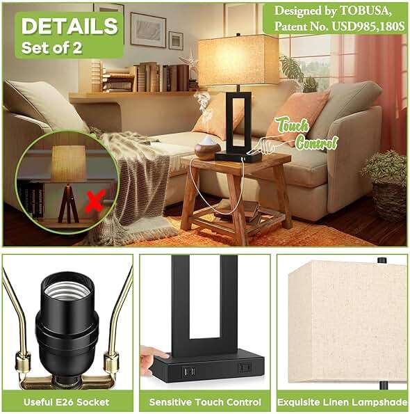 Set of 2 Touch Control Table Lamp with 2 USB Ports, 3-Way Dimmable Modern Nightstand Lamp Sets Bedside Touch Desk Lamp with Fabric Cream Shade For Bedroom Table Living Room Reading, Included Bulbs - Image 5