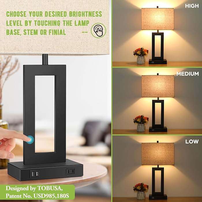 Set of 2 Touch Control Table Lamp with 2 USB Ports, 3-Way Dimmable Modern Nightstand Lamp Sets Bedside Touch Desk Lamp with Fabric Cream Shade For Bedroom Table Living Room Reading, Included Bulbs - Image 6