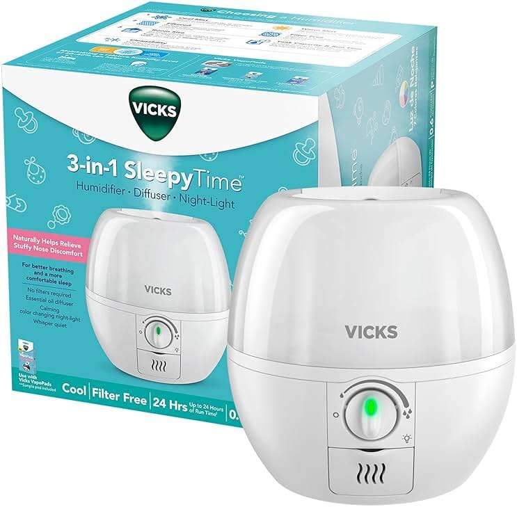 Vicks Humidifier 3-in-1 SleepyTime Cool Mist Humidifier for Baby & Kids Rooms with Color Changing Night Light and Essential Oil Diffuser, White - Image 1