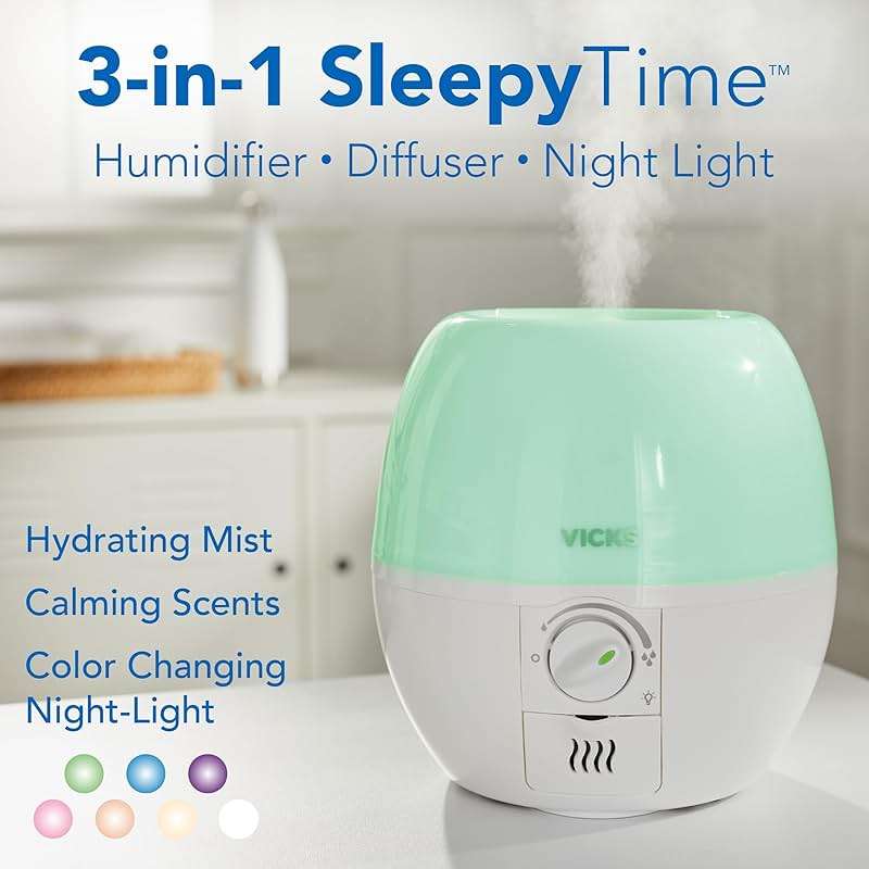 Vicks Humidifier 3-in-1 SleepyTime Cool Mist Humidifier for Baby & Kids Rooms with Color Changing Night Light and Essential Oil Diffuser, White - Image 3
