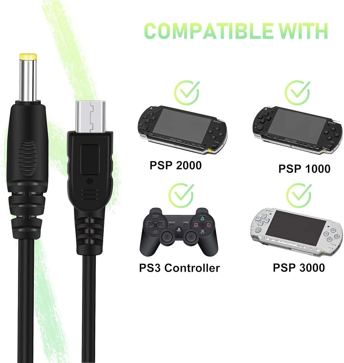 Xahpower 2 Pack PSP Charger Cable, Portable USB PSP Power Cord & Data Cable for Sony PSP 1000 2000 3000, Charging Cord 2-in-1 - Image 2
