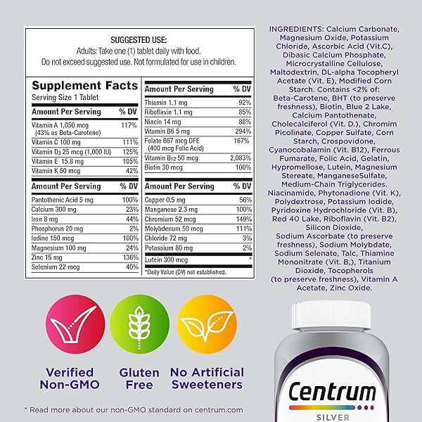 Centrum Silver Women's Multivitamin for Women 50 Plus, Multivitamin/Multimineral Supplement with Vitamin D3, B Vitamins, Non-GMO Ingredients, Supports memory and cognition in older adults - 65 Ct - Image 9