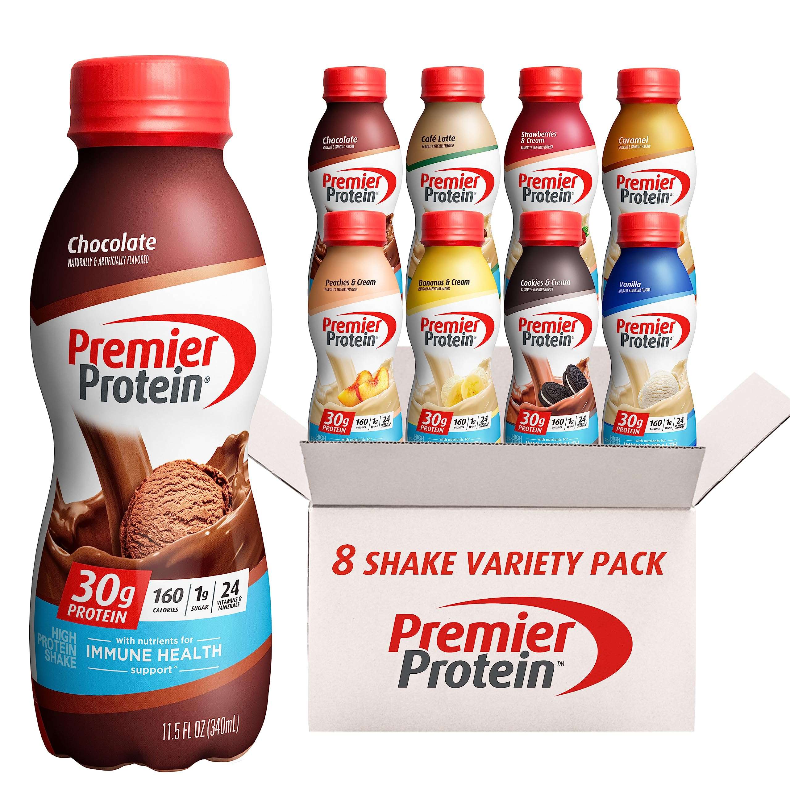 Premier Protein Shake, 8 Flavor Variety Pack, 30g Protein, No Added Sugar, 24 Vitamins & Minerals to Support Immune Health, 11.5 fl oz, 8 Pack - Image 1