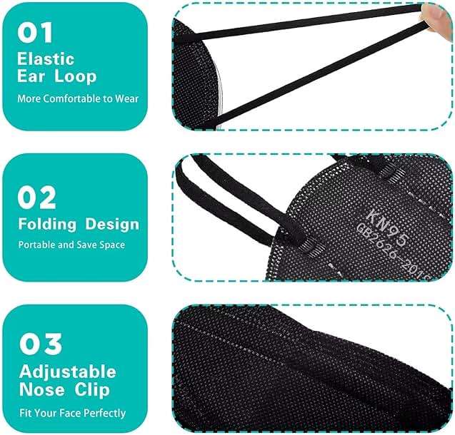 LEMENT 50pcs KN95 Face Mask Black 5 Layer Cup Dust Safety Masks Filter Efficiency≥95% Breathable Elastic Ear Loops Black Masks - Image 5