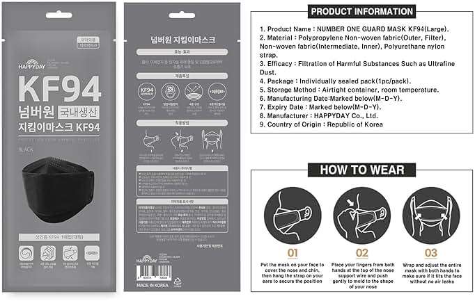 HAPPYDAY , 25 Packs, Made in KOREA Premium KF94 Micro Dust Protection Individually Packaged Black Face Mask Large - Image 9