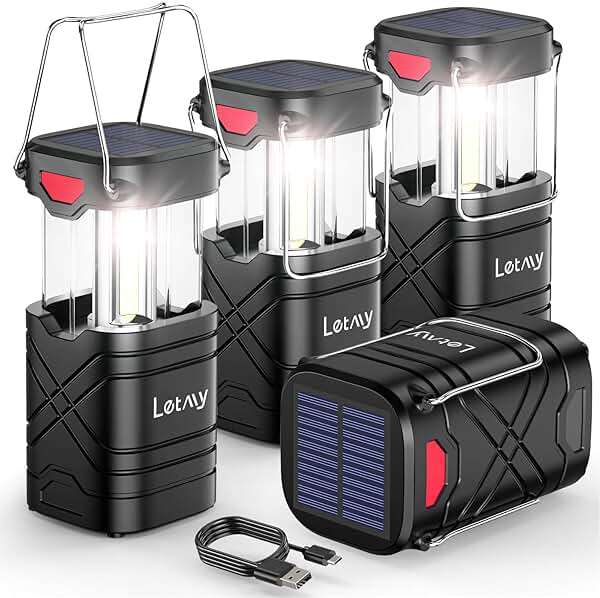 LETMY 4 Pack Camping Lantern, Rechargeable LED Lanterns, Solar Lantern Battery Powered Hurricane Lanterns Flashlight with 3 Powered Ways & USB Cable for Emergency, Power Outage, Hurricane Supplies - Image 1