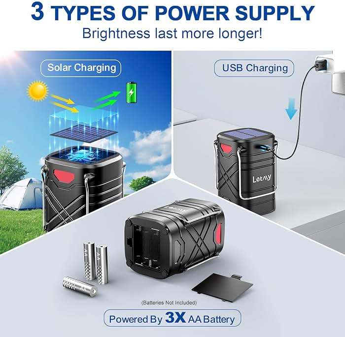 LETMY 4 Pack Camping Lantern, Rechargeable LED Lanterns, Solar Lantern Battery Powered Hurricane Lanterns Flashlight with 3 Powered Ways & USB Cable for Emergency, Power Outage, Hurricane Supplies - Image 2