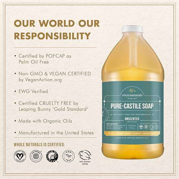 WHOLENATURALS Pure Castile Soap Liquid, EWG Verified & Certified Palm Oil Free Unscented, Natural, Mild & Gentle Non-gmo & Vegan - Organic Body Wash, Laundry, Pet/Dog and Baby Soap - 64 Fl Oz - Image 7