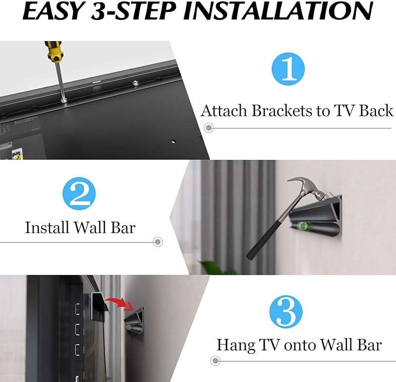 No Stud TV Wall Mount, Drywall Studless TV Hanger No Damage, No Drill, Non Screws, Dry Wall Flat Screen TVs Easy Install Bar Bracket fits VESA 12-55 inch TVs up to 99 lbs, Include Hardware Levels - Image 4