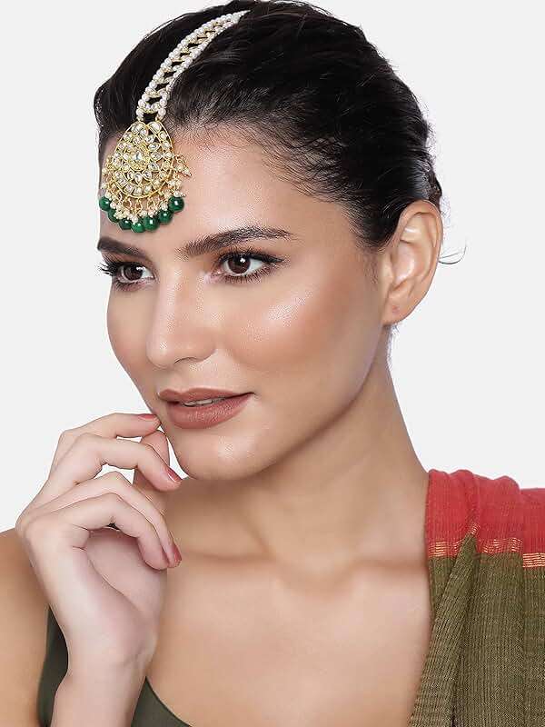 Aheli Faux Kundan Beaded Maang Tikka Head Piece Indian Wedding Ethnic Fashion Jewelry Gift for Women Green - Image 2