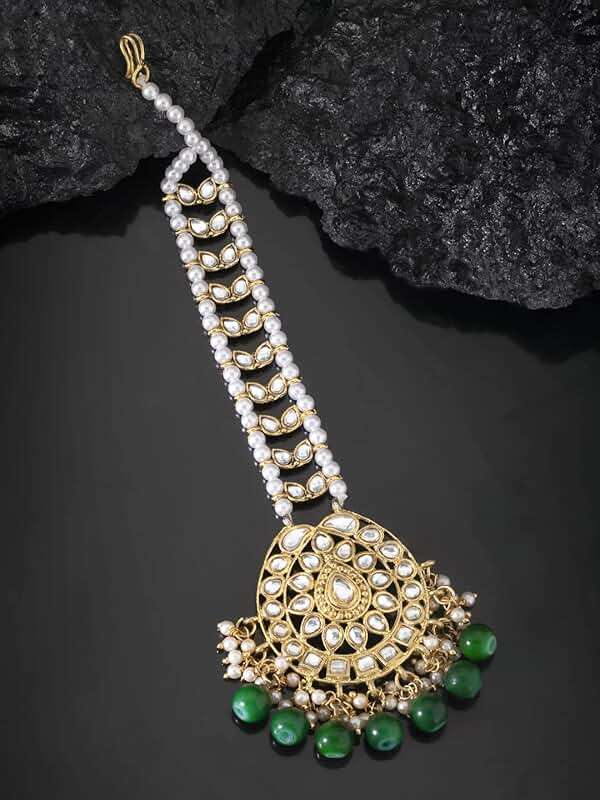 Aheli Faux Kundan Beaded Maang Tikka Head Piece Indian Wedding Ethnic Fashion Jewelry Gift for Women Green - Image 3