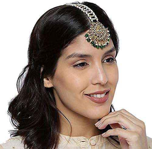 Aheli Faux Kundan Beaded Maang Tikka Head Piece Indian Wedding Ethnic Fashion Jewelry Gift for Women Green - Image 5