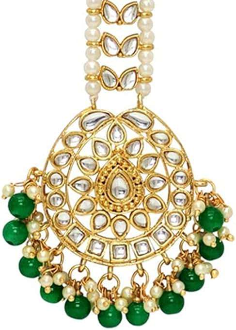 Aheli Faux Kundan Beaded Maang Tikka Head Piece Indian Wedding Ethnic Fashion Jewelry Gift for Women Green - Image 6