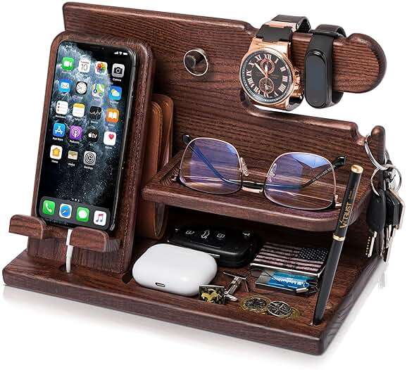 TESLYAR Wood Phone Docking Station for Men - Desk or Nightstand Organizer - Birthday Gifts for Husband, Dad - Anniversary Idea from Wife - Key Holder, Stand Wallet, Watch & Essentials (Bourbon Brown) - Image 1