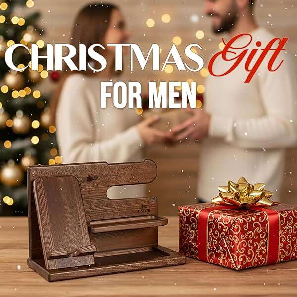 TESLYAR Wood Phone Docking Station for Men - Desk or Nightstand Organizer - Birthday Gifts for Husband, Dad - Anniversary Idea from Wife - Key Holder, Stand Wallet, Watch & Essentials (Bourbon Brown) - Image 3