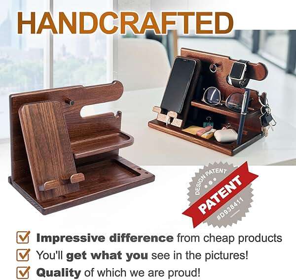 TESLYAR Wood Phone Docking Station for Men - Desk or Nightstand Organizer - Birthday Gifts for Husband, Dad - Anniversary Idea from Wife - Key Holder, Stand Wallet, Watch & Essentials (Bourbon Brown) - Image 4