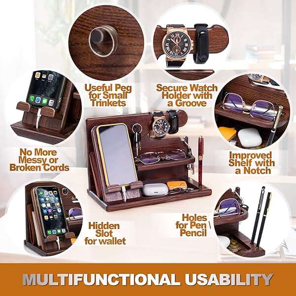 TESLYAR Wood Phone Docking Station for Men - Desk or Nightstand Organizer - Birthday Gifts for Husband, Dad - Anniversary Idea from Wife - Key Holder, Stand Wallet, Watch & Essentials (Bourbon Brown) - Image 5