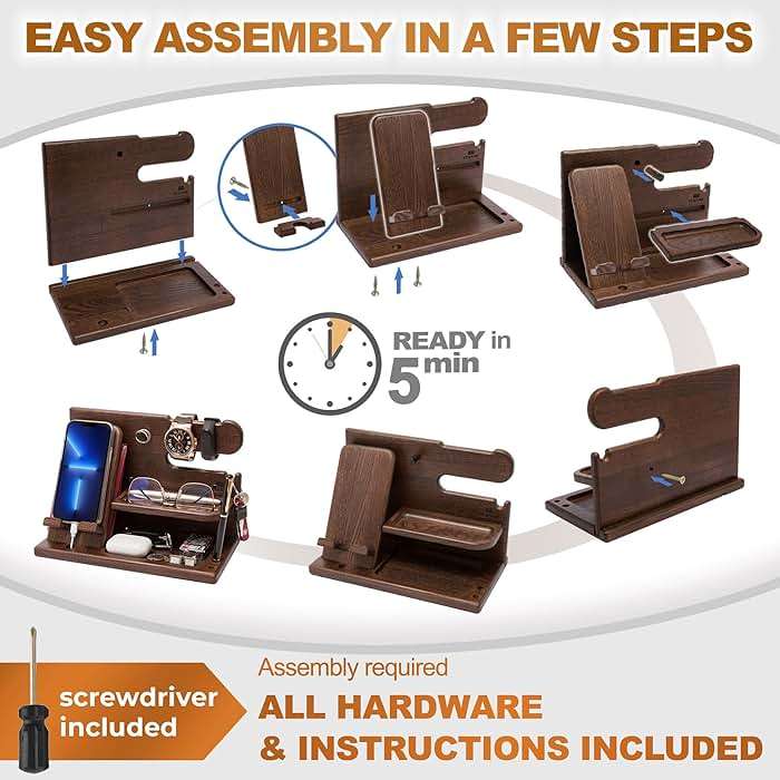 TESLYAR Wood Phone Docking Station for Men - Desk or Nightstand Organizer - Birthday Gifts for Husband, Dad - Anniversary Idea from Wife - Key Holder, Stand Wallet, Watch & Essentials (Bourbon Brown) - Image 7
