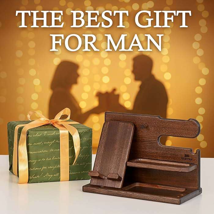 TESLYAR Wood Phone Docking Station for Men - Desk or Nightstand Organizer - Birthday Gifts for Husband, Dad - Anniversary Idea from Wife - Key Holder, Stand Wallet, Watch & Essentials (Bourbon Brown) - Image 9