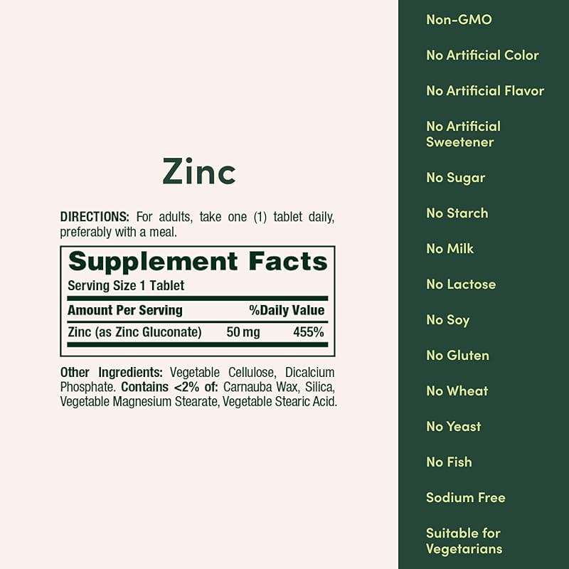 Nature’s Bounty Zinc 50mg, Immune Support & Antioxidant Supplement, Promotes Skin Health, 1 Caplet Per Day, Gluten Free, 250 Vegetarian Caplets - Image 5
