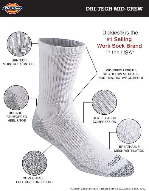 Dickies Men's Dri-Tech Mid-Crew Comfort Length Moisture Control Socks (6, 12 Pairs) - Image 2
