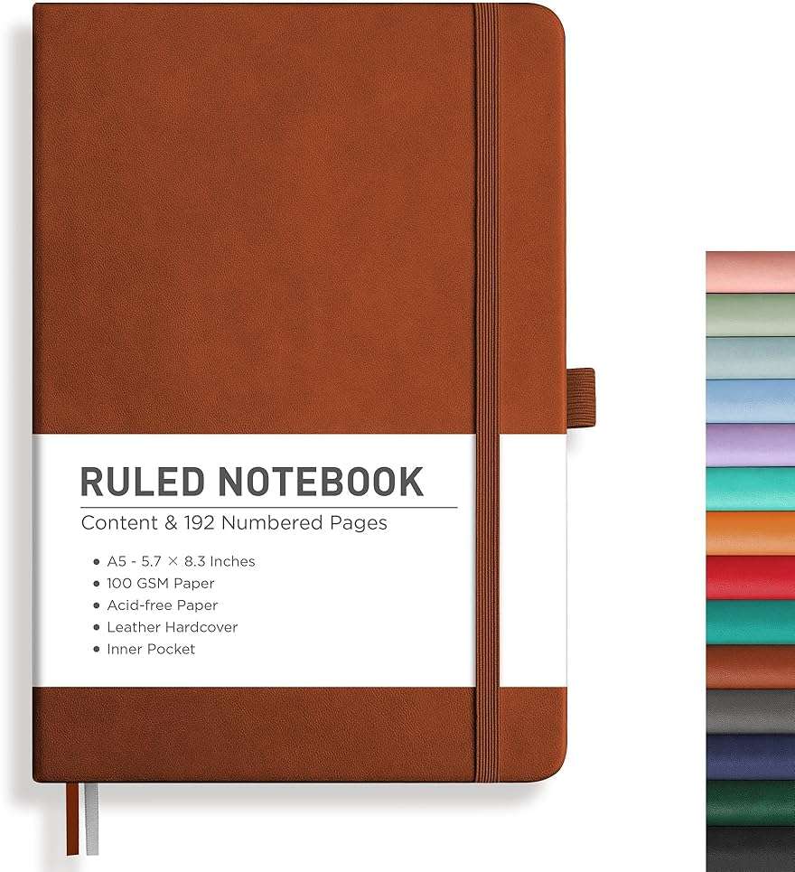 RETTACY Lined Journal Notebook, 192 Numbered Pages, A5 Medium Size (5.7'' x 8.3''), for Men & Women, Journaling, Writing, Work & Office, Leather Hardcover, 100 GSM Thick Paper (Brown) - Image 1