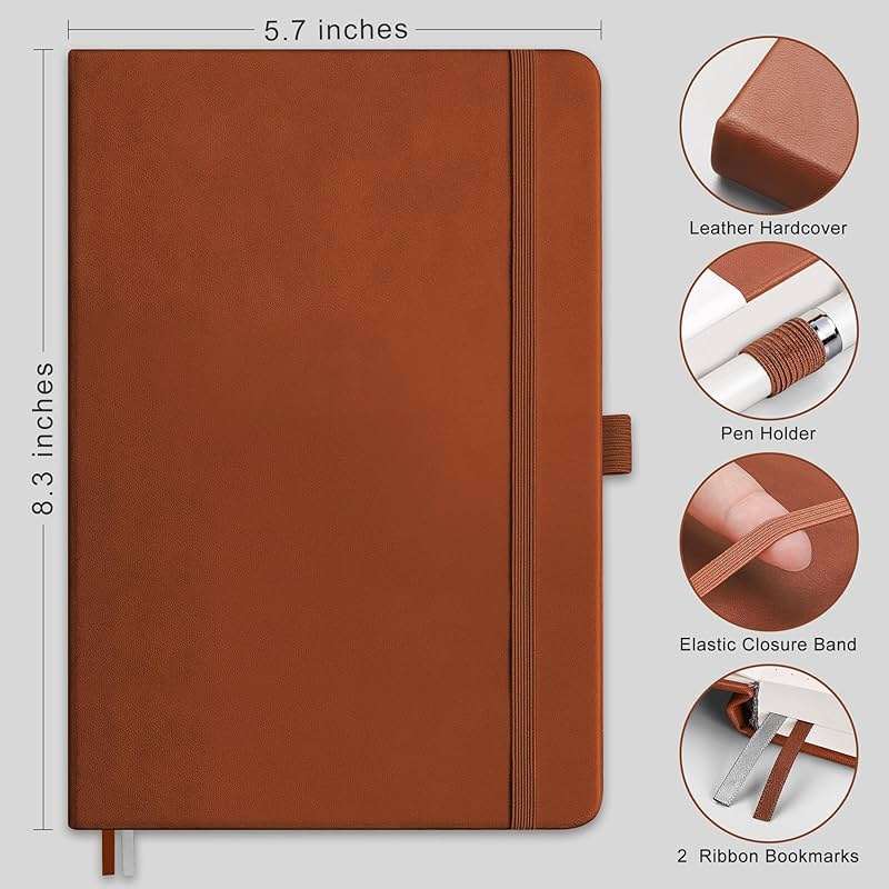 RETTACY Lined Journal Notebook, 192 Numbered Pages, A5 Medium Size (5.7'' x 8.3''), for Men & Women, Journaling, Writing, Work & Office, Leather Hardcover, 100 GSM Thick Paper (Brown) - Image 2