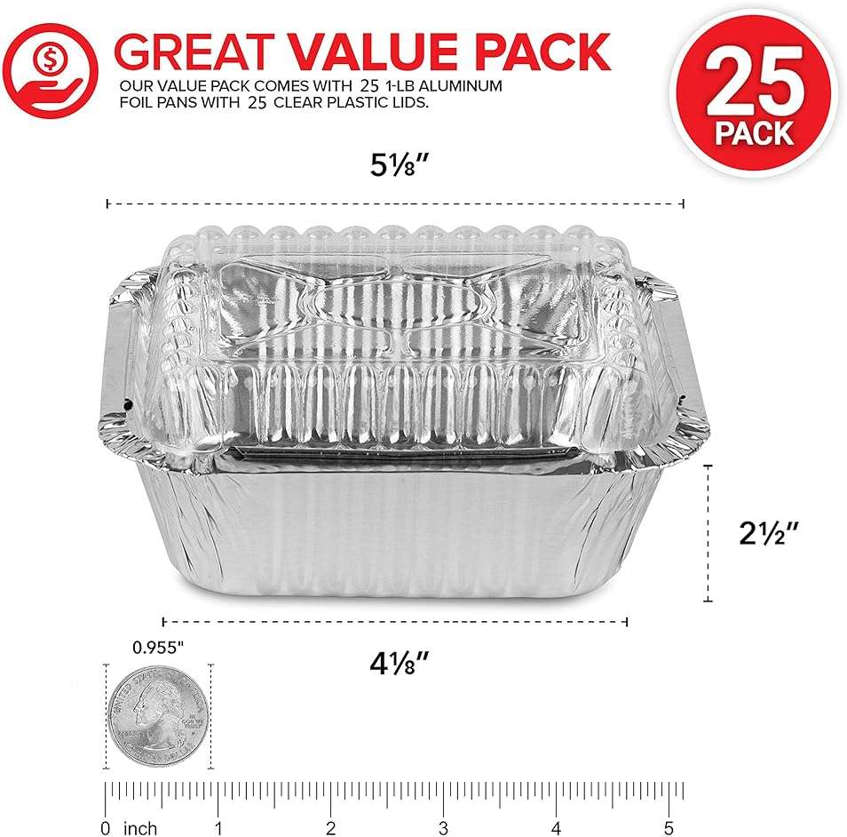 Stock Your Home 1 lb Small Aluminum Pans with Lids (25 Pack), Foil Pans with Clear Plastic Lids, Disposable Cookware & Takeout Trays for Restaurants & Catering - Image 3