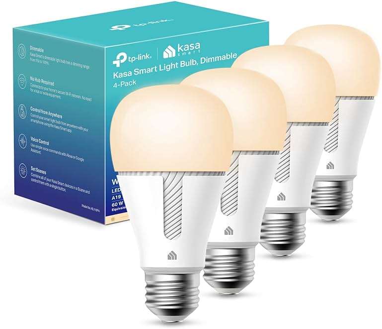 Kasa Smart Light Bulbs that works with Alexa and Google Home, Dimmable Smart LED Bulb, A19, 9W, 800Lumens, Soft White(2700K), CRI≥90, WiFi 2.4Ghz only, No Hub Required, 4 Count (Pack of 1)(KL110P4) - Image 1