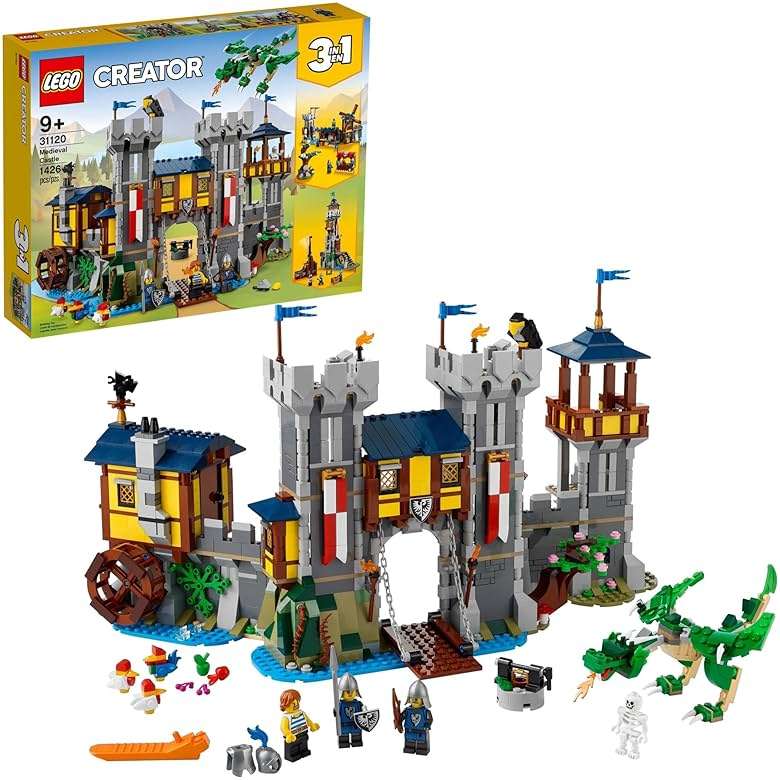 LEGO Creator 3 in 1 Medieval Castle Toy, Transforms from Castle to Tower to Marketplace, Includes Skeleton and Dragon Figure, with 3 Minifigures and Catapult, 31120 - Image 1