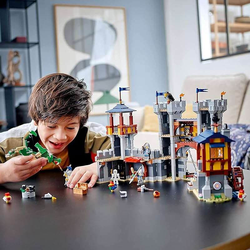 LEGO Creator 3 in 1 Medieval Castle Toy, Transforms from Castle to Tower to Marketplace, Includes Skeleton and Dragon Figure, with 3 Minifigures and Catapult, 31120 - Image 2