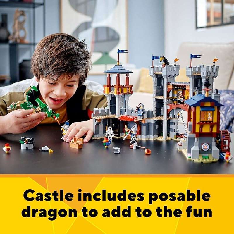LEGO Creator 3 in 1 Medieval Castle Toy, Transforms from Castle to Tower to Marketplace, Includes Skeleton and Dragon Figure, with 3 Minifigures and Catapult, 31120 - Image 5