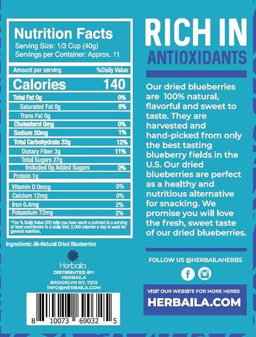 Herbaila Whole Dried Blueberries, No Sugar Added, Bulk, Dehydrated, Dried Unsweetened Blueberries, All Natural, Non-GMO, 1 Pound. - 16 oz. - Image 2