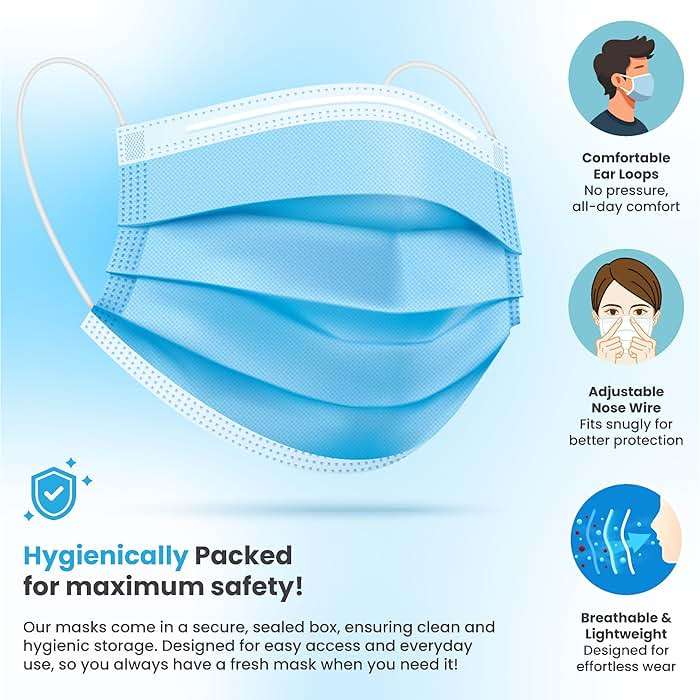 PURE GEM [Pack of 150] Single Use Disposable Blue Face Mask, Soft on Skin, 3-ply Masks Facial Cover with Elastic Earloops Great For Home, Office, School, and Outdoors - Image 3