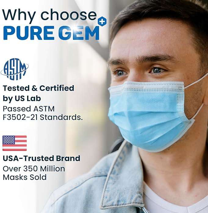 PURE GEM [Pack of 150] Single Use Disposable Blue Face Mask, Soft on Skin, 3-ply Masks Facial Cover with Elastic Earloops Great For Home, Office, School, and Outdoors - Image 4