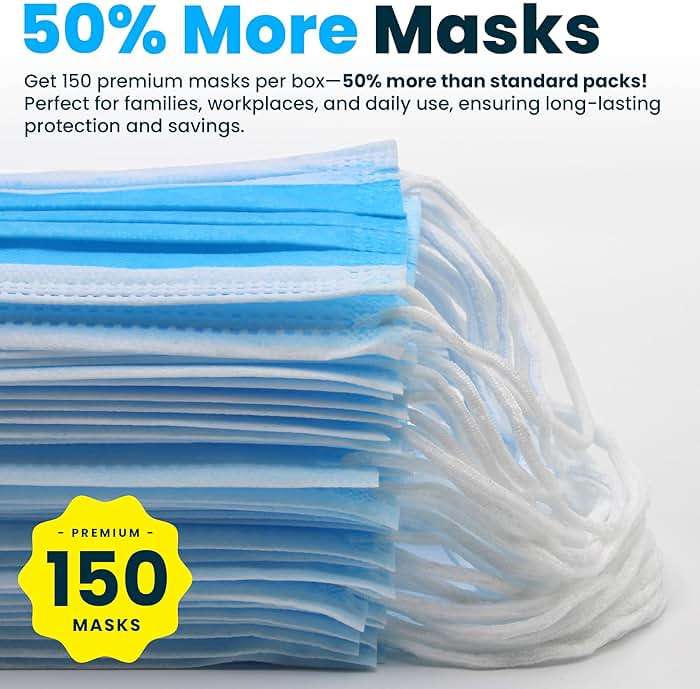 PURE GEM [Pack of 150] Single Use Disposable Blue Face Mask, Soft on Skin, 3-ply Masks Facial Cover with Elastic Earloops Great For Home, Office, School, and Outdoors - Image 5