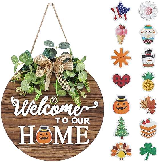 Interchangeable Seasonal Welcome Sign Front Door Decoration, Rustic Round Wood Wreaths Wall Hanging Outdoor, Farmhouse, Porch, for Spring Summer Fall All Seasons Holiday Halloween Christmas. - Image 1