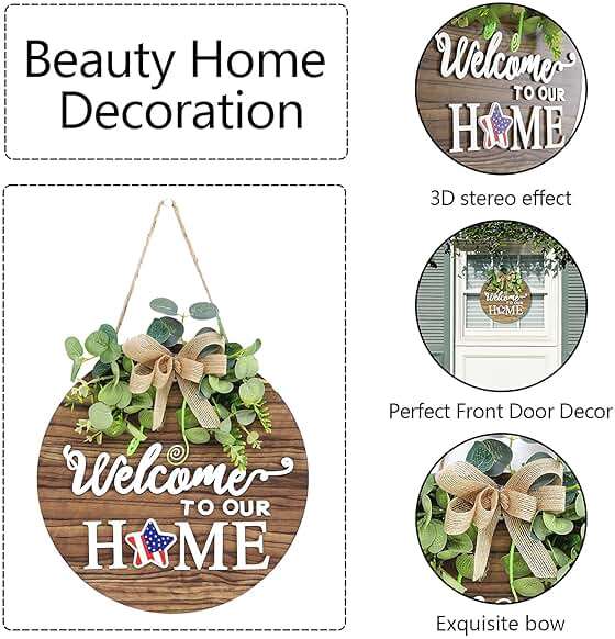 Interchangeable Seasonal Welcome Sign Front Door Decoration, Rustic Round Wood Wreaths Wall Hanging Outdoor, Farmhouse, Porch, for Spring Summer Fall All Seasons Holiday Halloween Christmas. - Image 4