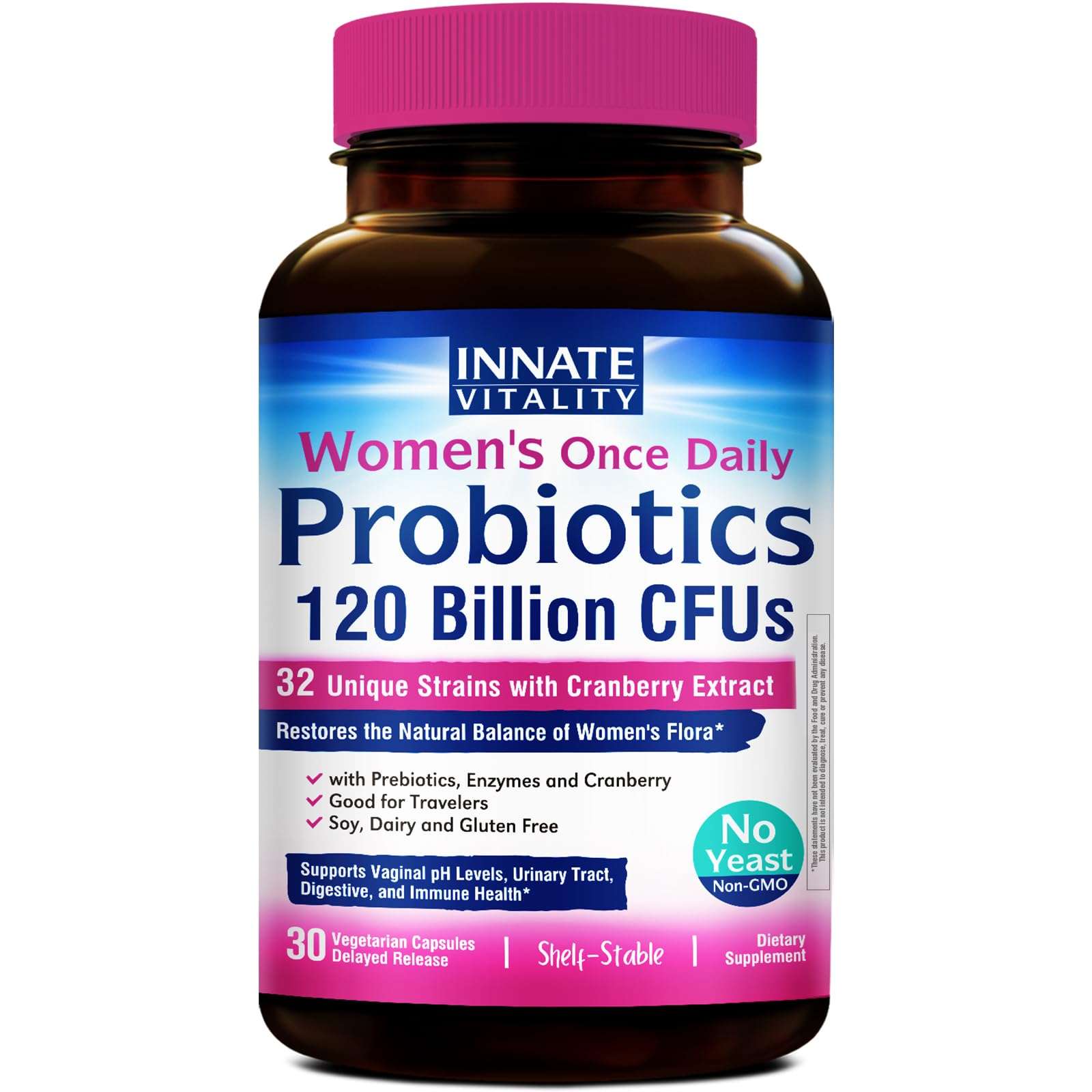 Innate Vitality Women's Probiotics, 120 Billion CFU, 32 Tested Strains, Probiotics for Women, Yeast Control, Vaginal pH Support, Prebiotics, Digestive Enzymes, Cranberry, Once Daily 30 Veggie Capsules - Image 1