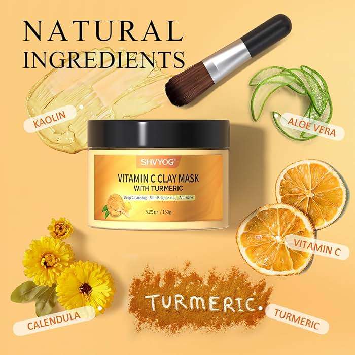 SHVYOG Turmeric Vitamin C Clay Mask with Kaolin Clay for Dull & Blemish-Prone Skin, Deep Cleansing Facial Mask, Face Masks Skincare for Controlling Oil and Refining Pores 5.29 Oz 150g - Image 2