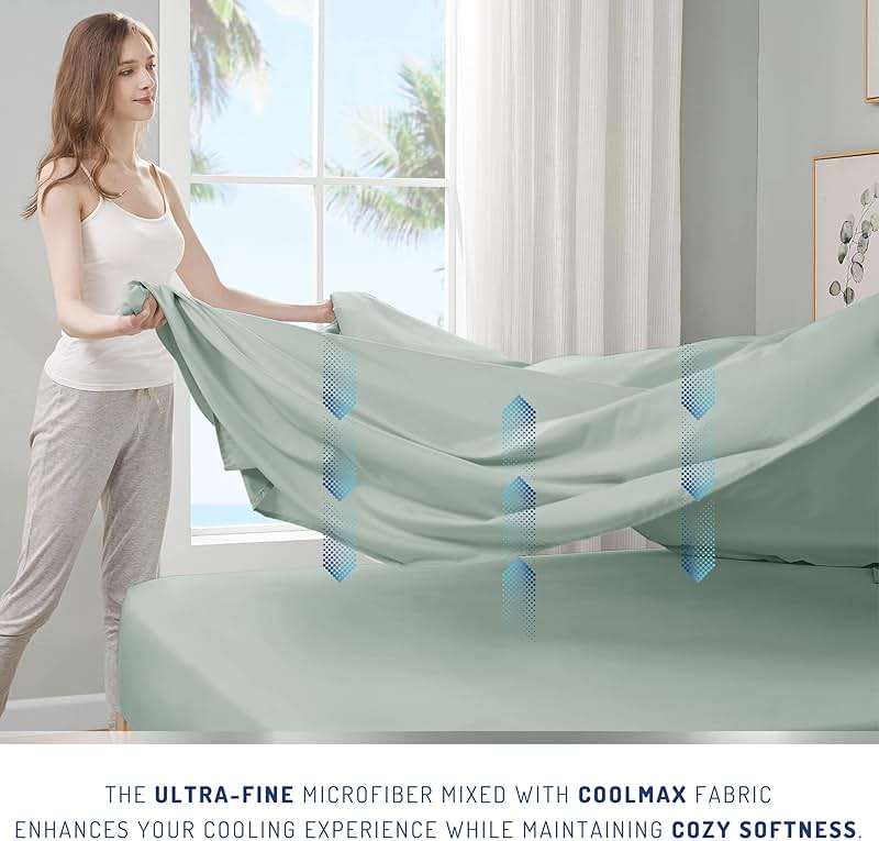Degrees of Comfort Coolmax® Cooling Bed Sheets Queen Size for Hot Sleepers, Moisture Wicking Sheet Set for Night Sweats, Deep Pocket, Ultra Soft, Cozy for All Seasons, Aqua 4 Pieces - Image 8